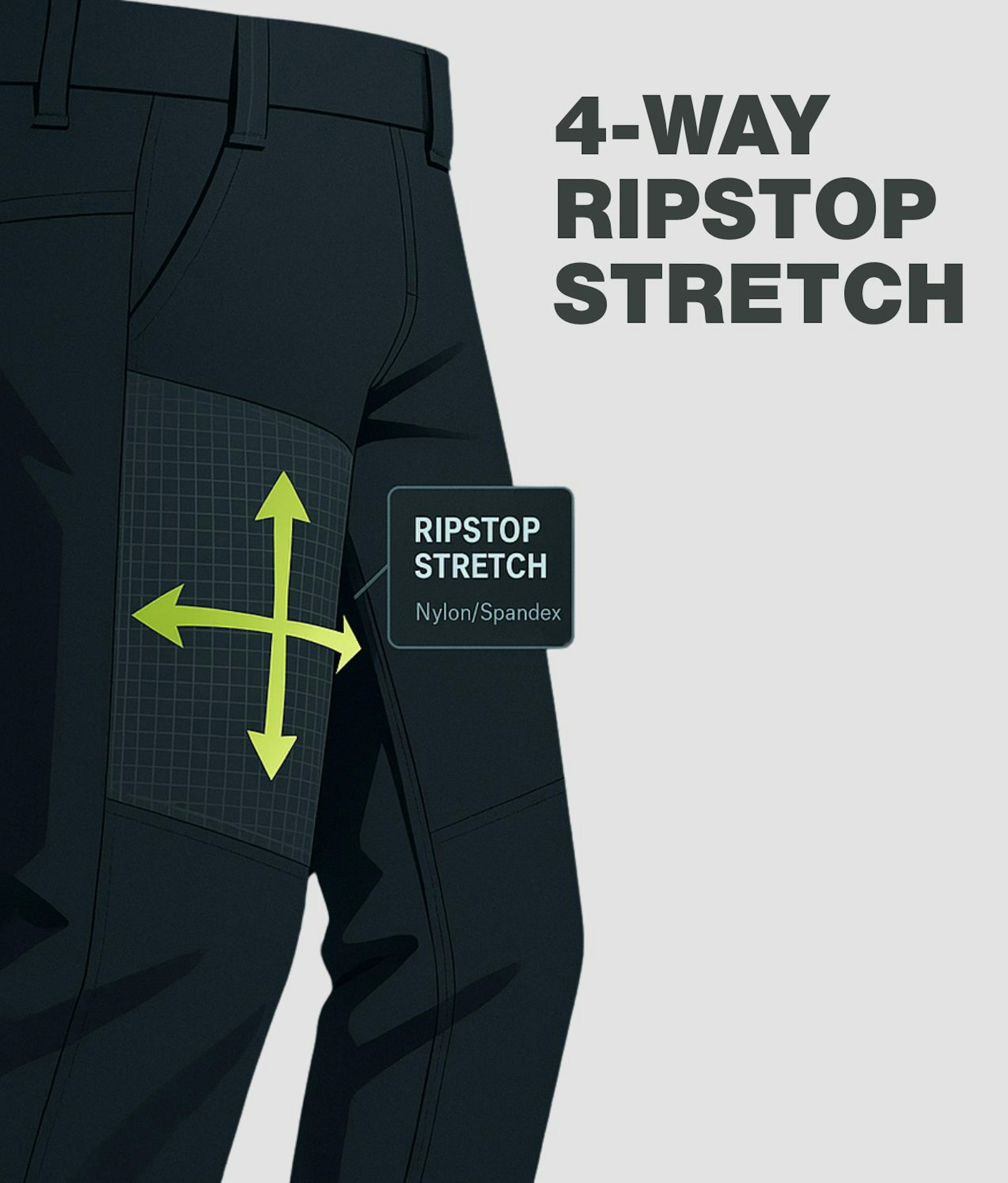 Illustration of black work trousers with 4-way ripstop stretch panel highlighted