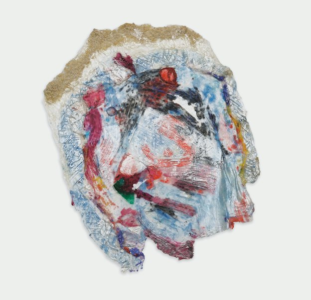 A mostly flat mounted sculpture made from layers of acrylic paint, primarily silver and light blue with swathes of red, some black, and flecks of yellow, purple, and magenta. Different textures appear in the surface, including thick brushstrokes and cavities left by popped air bubbles.  