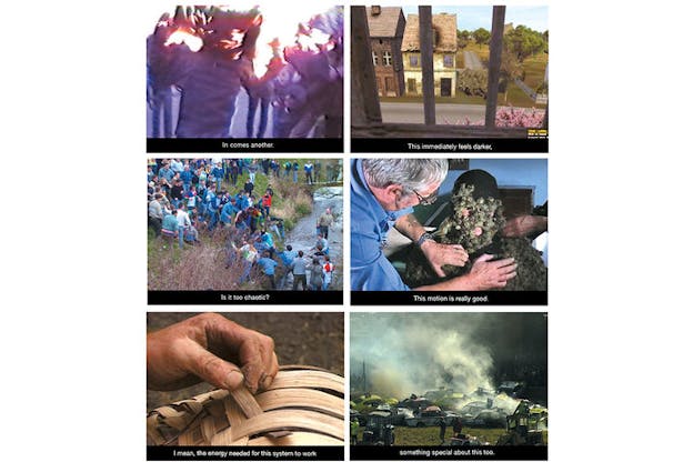 A image of six film stills with captions. An image on the upper left shows blurred people illuminated in harsh light standing in a crowd. Beside this image there is a photo of houses seen through bars. On the second row, on the left, there is an image of many people lined up in the grass next to a river. To the right of this image, there is a person covered in plants with two other people touching them. On the bottom row, on the left, there is a close up image of a person's hands weaving a basket. On the right of this image there is an image of a field covered in cars which are smoking. 