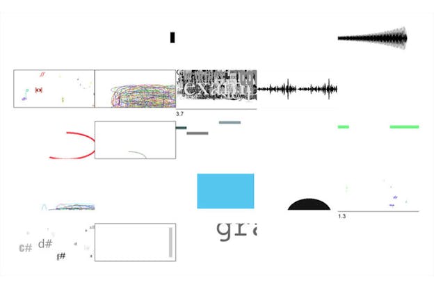 A white background is interupted by several rectangles outlined in a thin black line. Several abstract shapes fill these rectangles and the space around them including a blue rectangle, green lines, a red curved line, and some text which reads 