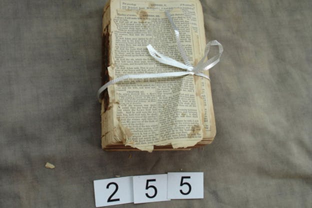 A book with out a cover is wrapped in a white ribbon tied with a bow and lays on a grey background. Three scraps of paper with the numbers 2, 5, and 5 lay in front of it.