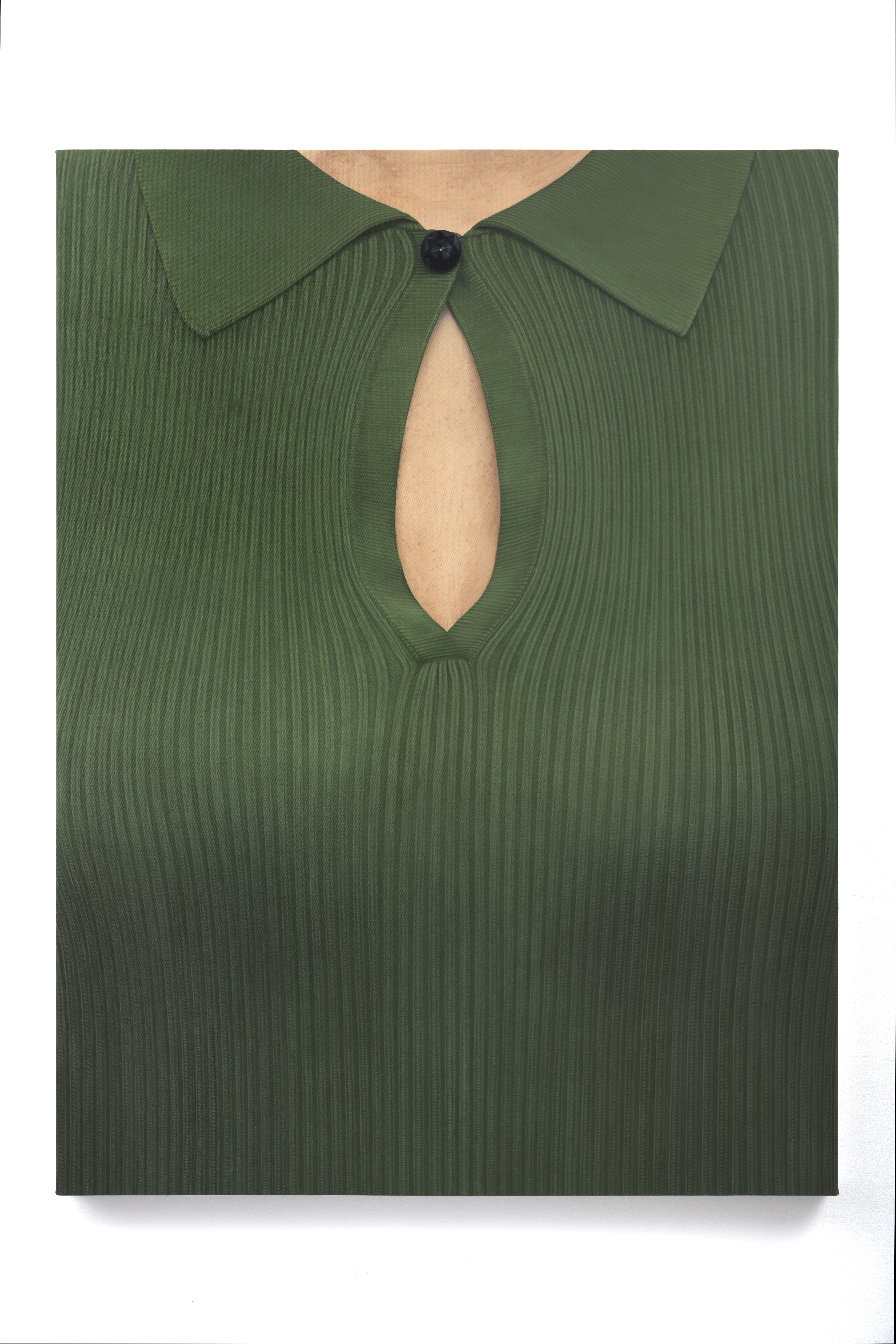 A photorealistic oil painting of a close up view of a green knit collared top with a key hole and button worn by a person.