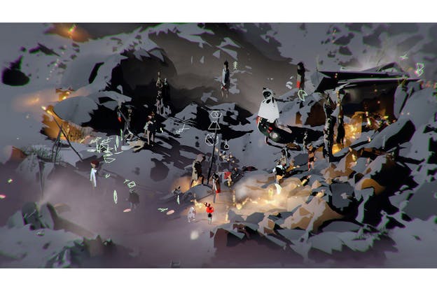 A digital illustration of humanoid figures moving in the mountains. Three campfires stand on each side, symbols and runes in white scattered around. 