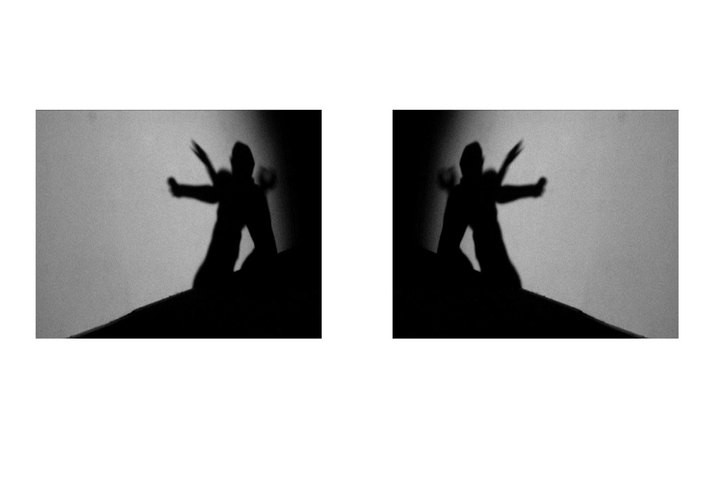 Two mirrored black and white images on a white background showing two figures one behind the other leaning backwards with their hands extended forward.