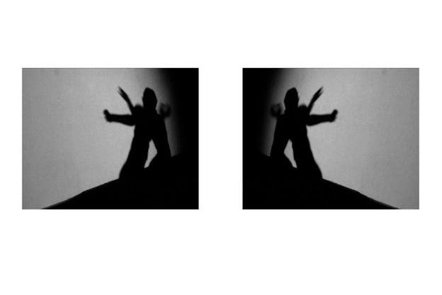 Two mirrored black and white images on a white background showing two figures one behind the other leaning backwards with their hands extended forward.