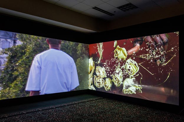 Two project installation on two walls. The one on the left depicts a white shirt dressed figure with their back to the viewer, the one on the right shows a red background and golden deteriorating roses being reach by a hand. 