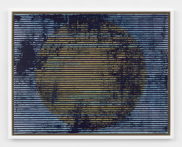 A framed screenprint of alternating thin light blue and navy horizontal stripes, layered over a centered large yellow circle. Irregular splotches of deep navy invoke a distressed visual quality.  