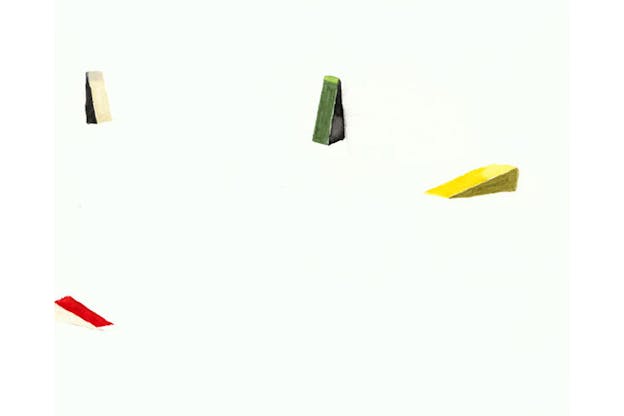 Four 3D wedges in red, black, green, and yellow are arranged in a curve against a white background. 