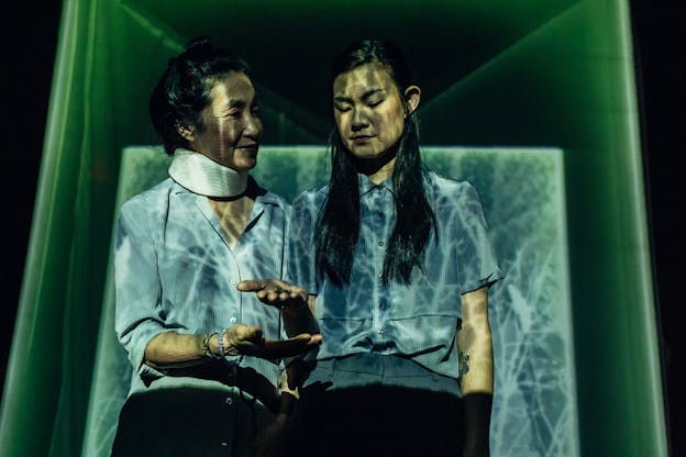 Two figures stand and face the viewer, each one has their palms turned upwards. The figure on the left looks at the other person, smiling. Both the figures and their background are illuminated by a green projection with a delicate branch pattern.