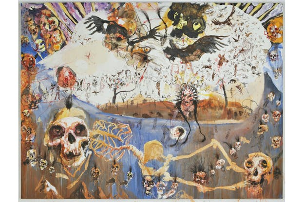 A drawing with eagles on the top, small aligned animal and human faces in the middle and a skeleton taking the bottom from left to right. The scenery is surrounded by smaller skulls in a circular motion.