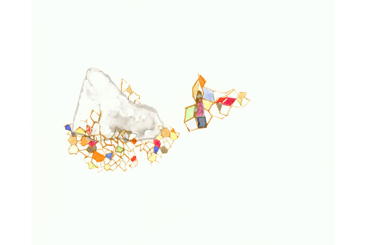 A watercolor image of a grey triangle on top of a geometric design in brown, orange, red, green, and blue. A similar geometric shape is immediately to the right of the main design. All of this is against a white background.