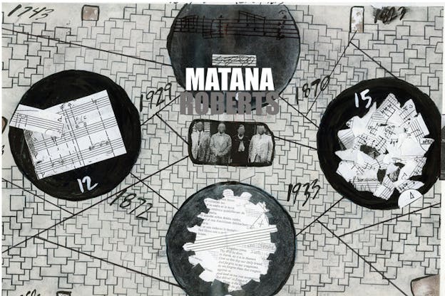 A black and white vintage photograph of four persons with their faces blurred surrounded by four circles containing musical notes, cut-outs from scores, biblical passages, set against a pattern of layered gray squares, black lines, year dates from the 18th, 19th, and 20th centuries, and written in the top center in uppercase gray and white block letters is: 