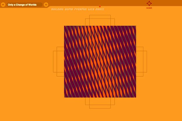 An image of a red and orange diamond pattern in a square on an orange background. Text on the upper left hand corner reads: 
