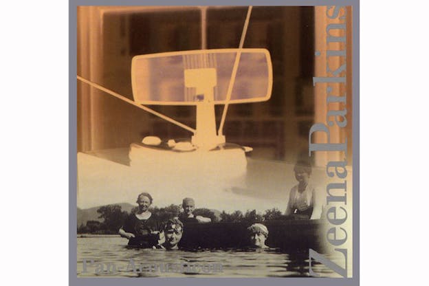 Album cover with five figures swimming. Collaged on top of it are a negative image of an antenna and a rectangle object. At the right side vertical is typed 