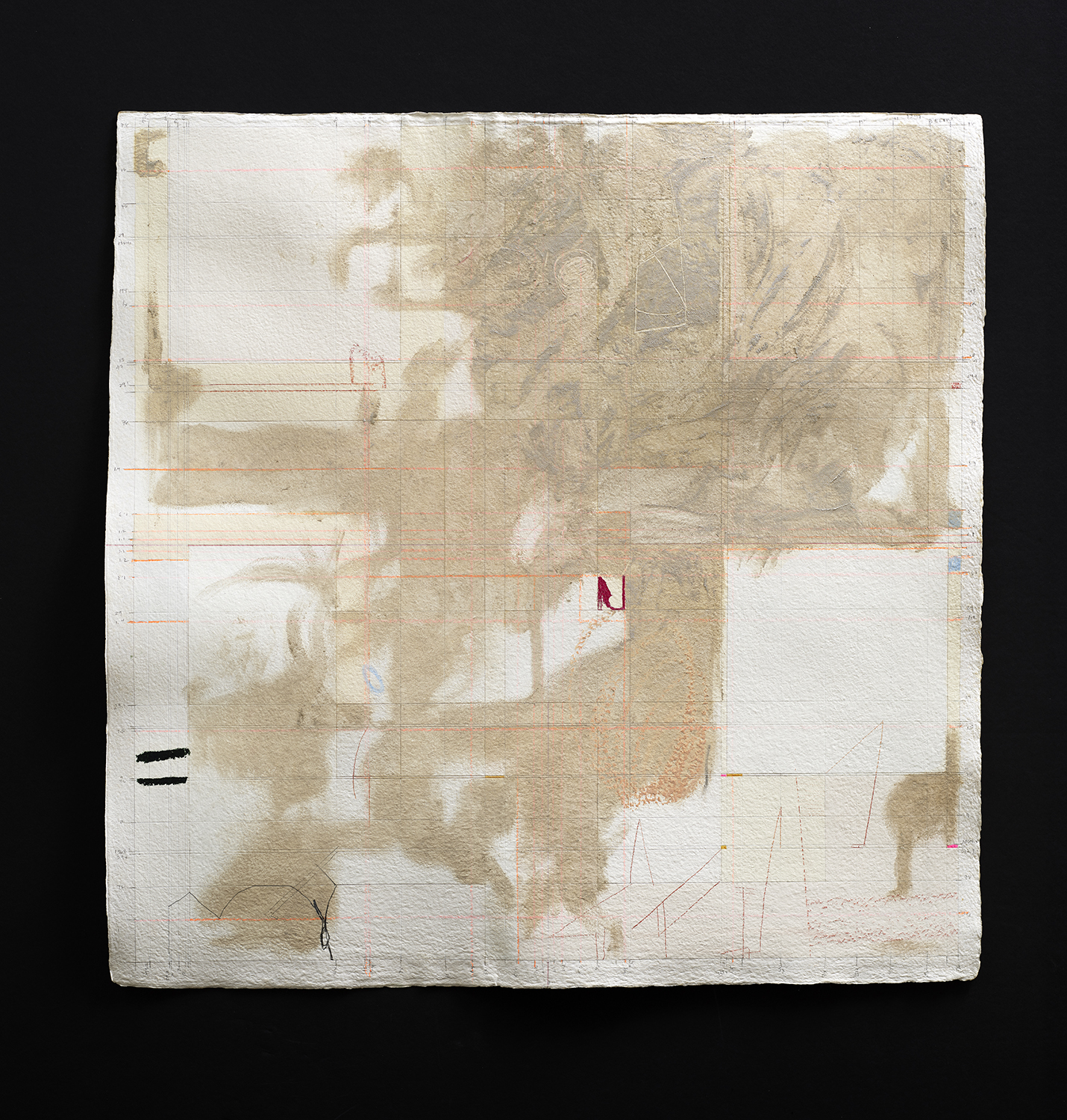 An abstract artwork with a pencil drawn partial graph on white paper. On top of the graph there is a light grey, peach, and pink shape that begins in the upper right corner and moves towards the lower left. 