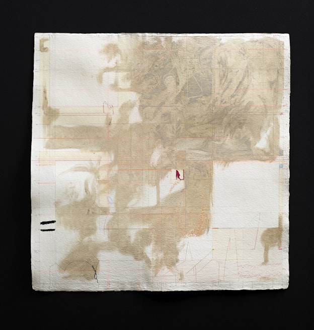 An abstract artwork with a pencil drawn partial graph on white paper. On top of the graph there is a light grey, peach, and pink shape that begins in the upper right corner and moves towards the lower left. 