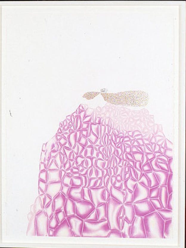 On the bottom right corner of an otherwise white sheet, there is an abstract shape made from patterned brigh pink designs. The top of this shape has a tan design.