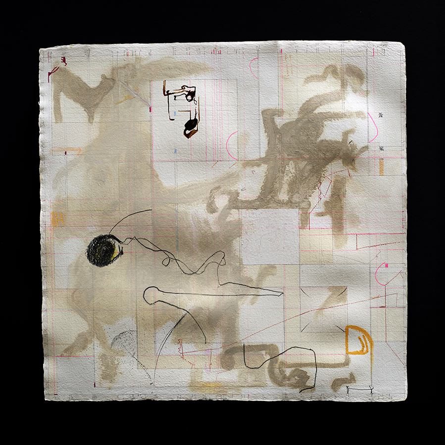 An abstract artwork on white paper which is marked by a partial graph constructed in light pencil and some pink ink. Some small squares made from the graph are colored in yellow. Beige paint forms abstract shapes atop everything. Thin line drawings in black overlay that. 