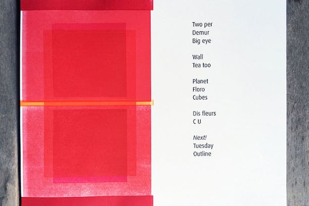 A page divided in two with the left side bearing superimposed large and small bright red squares and a thin yellow divider and the right side a poem that reads: 