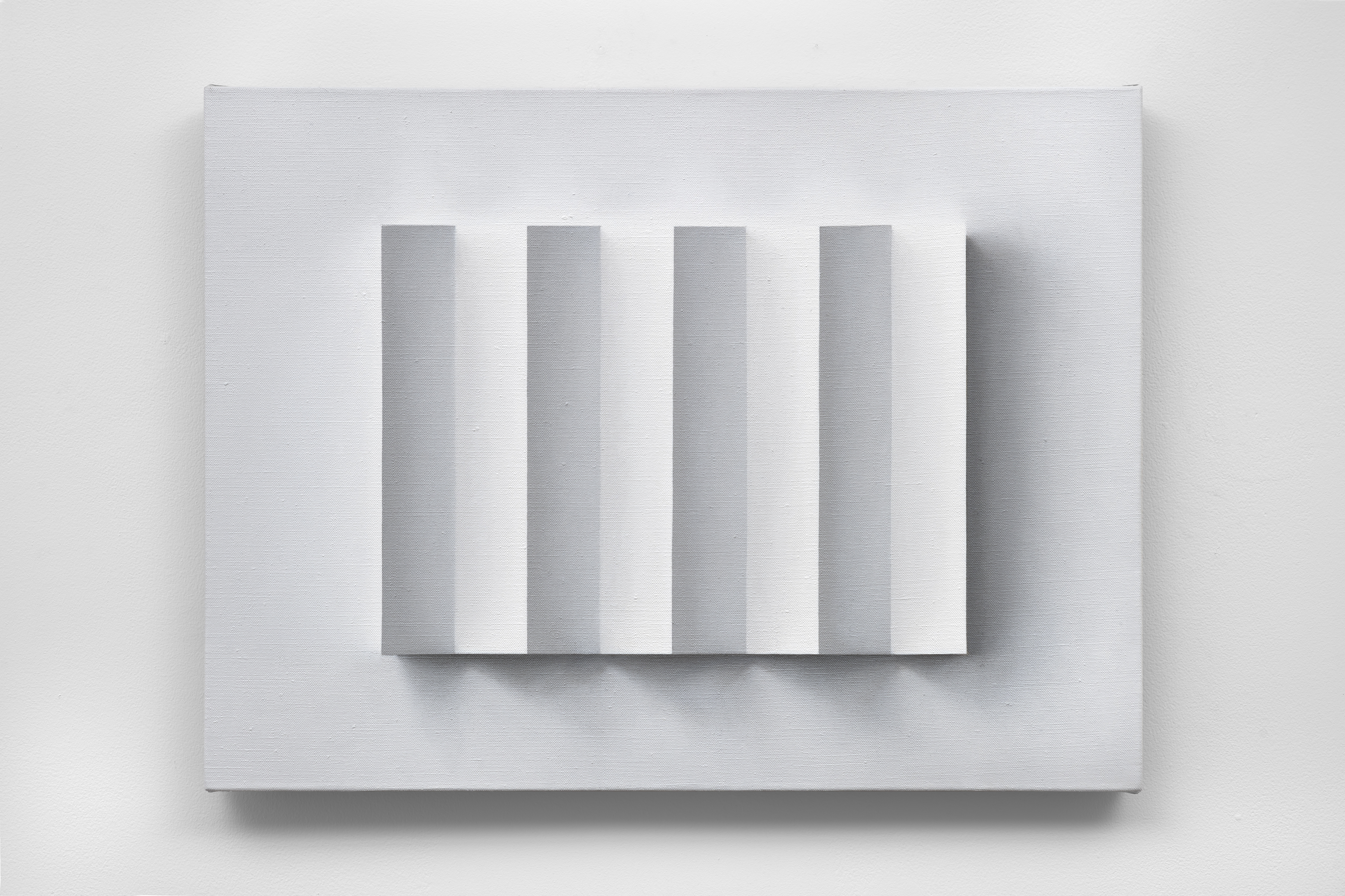 An oil painting painted in greyscale of a flat plane with seven equal vertical folds.