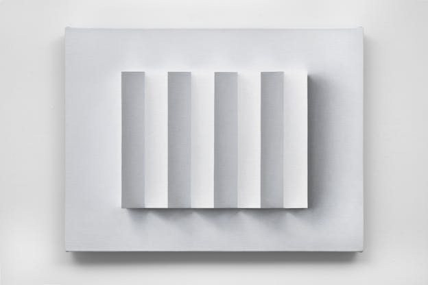 An oil painting painted in greyscale of a flat plane with seven equal vertical folds.
