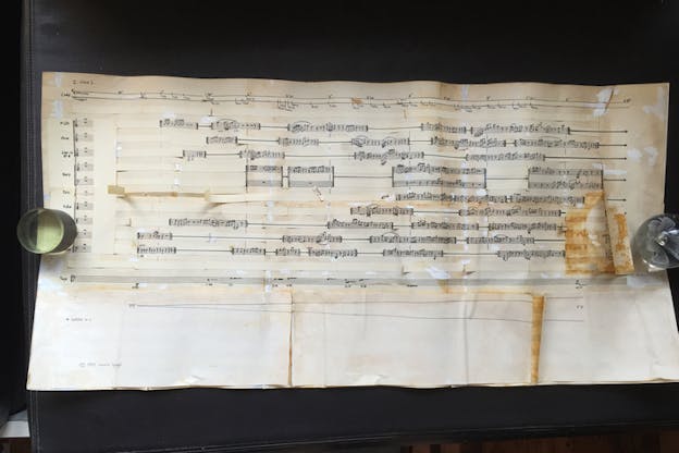 A music sheet with aging stains.
