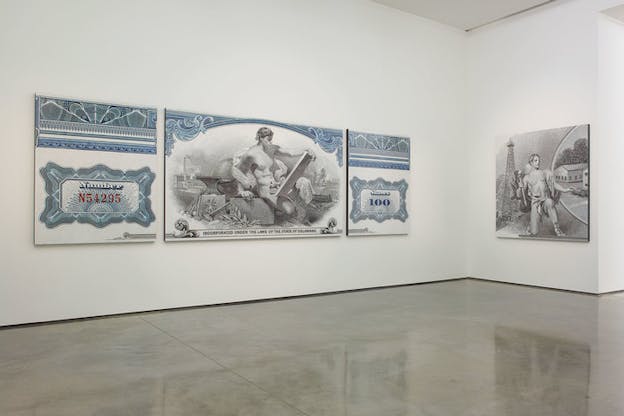 Installation view of three canvases on one wall depicting a classical male figure juxtaposed with drawings of factories and imagery resembling official government documents, with the text 