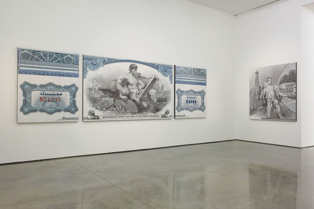 Installation view of three canvases on one wall depicting a classical male figure juxtaposed with drawings of factories and imagery resembling official government documents, with the text 