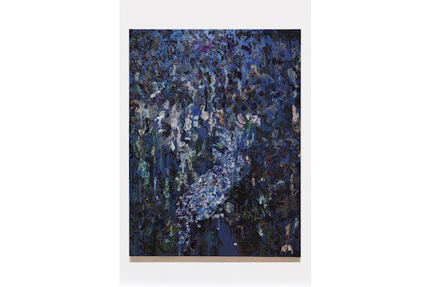 Abstract painting of flowers with a blue and purple theme.