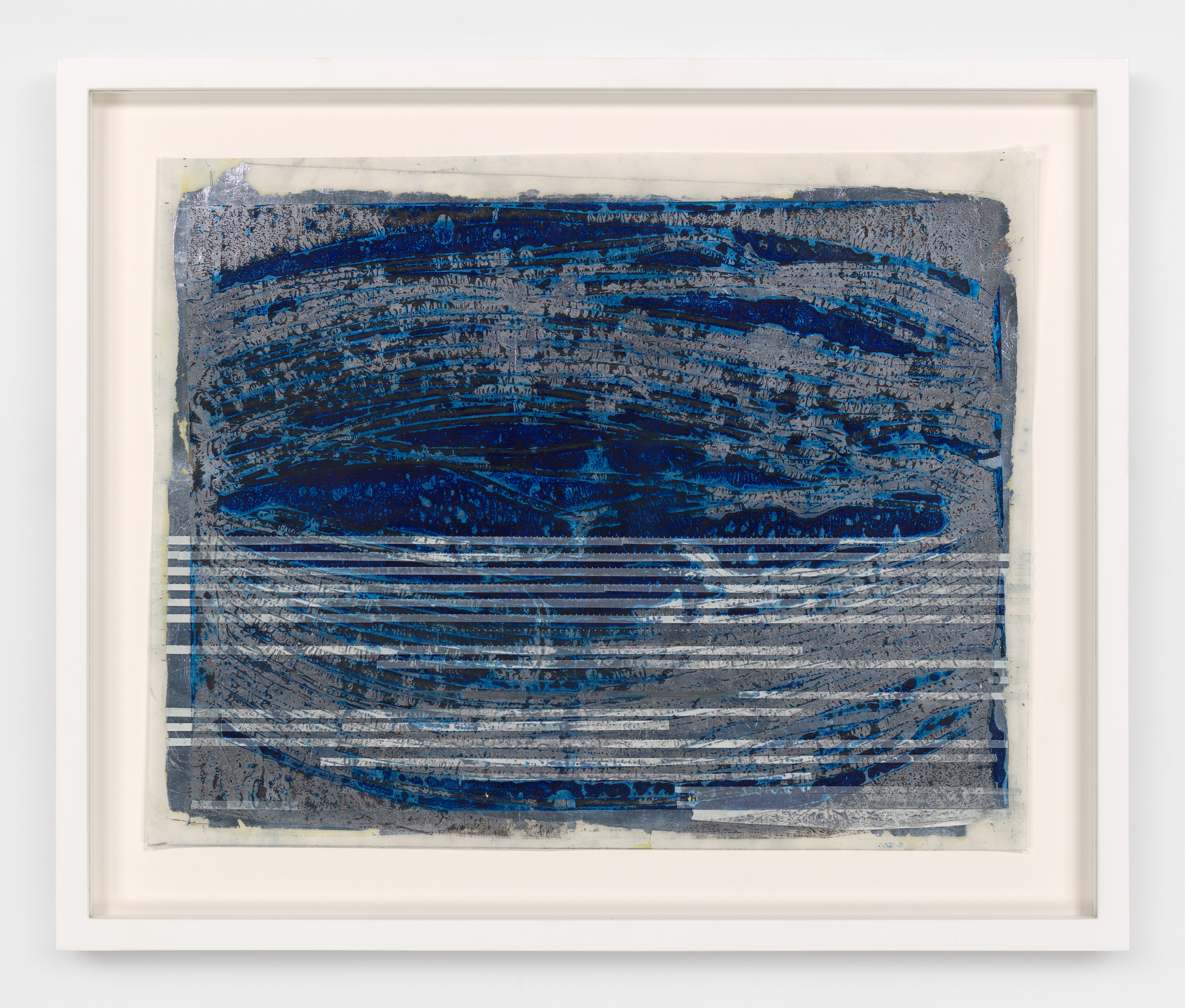 A two dimensional framed work on mylar with horizontal strokes of dark blue and some turquoise tones on a metallic gray background. The bottom half of the piece has straight horizontal white stripes and dotted lines layered and visible beneath the strokes of blue pigment. 