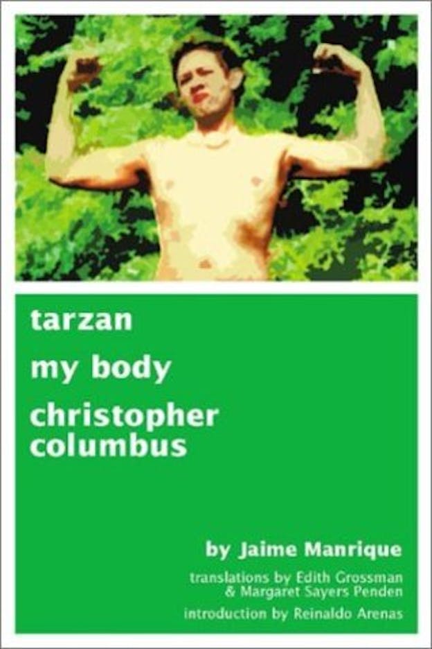 A book cover horizontally split into two sections. On the upper section, there is a pixelated image of a shirtless person flexing in front of greenery. On the lower section, the title and author is written in white lowercase font against an otherwise all green square. 
