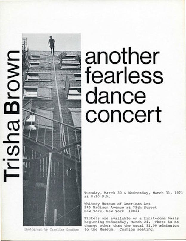 Black and white poster with a narrow rectangular graphic of a person scaling the top of a tenement building surrounded by white space. Along the left edge 