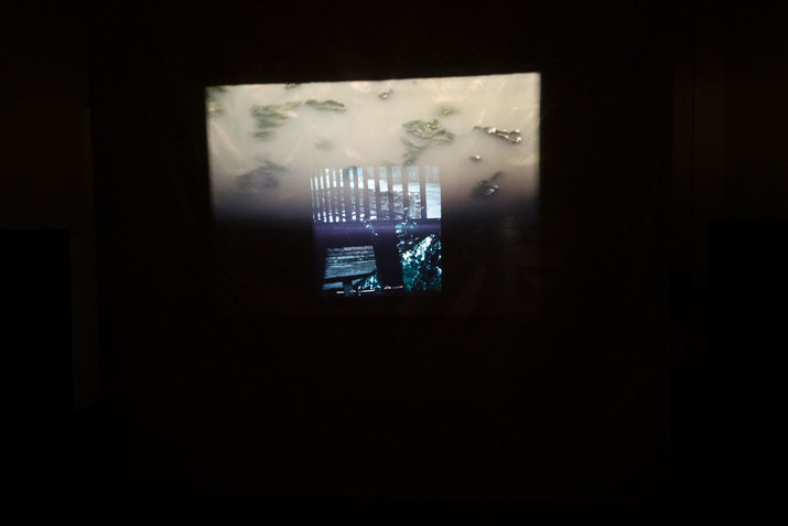 Rectangular image of the underside of a wooden balcony divided by a t-shaped metal beam from a transparent, juxtaposed image of black railings superimposed on a rectangular image of muddy water and floating leaves, suspended in black space. 
