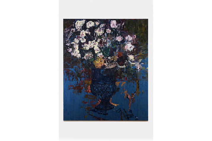 Abstract painting of a vase full of flowers in colors of white and pink on deep blue and green background.