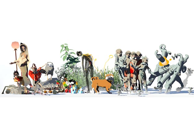 A panoramic digital illustration of various characters. Humanoid figures and animals such as foxes and owls stand in front grassy patch area.