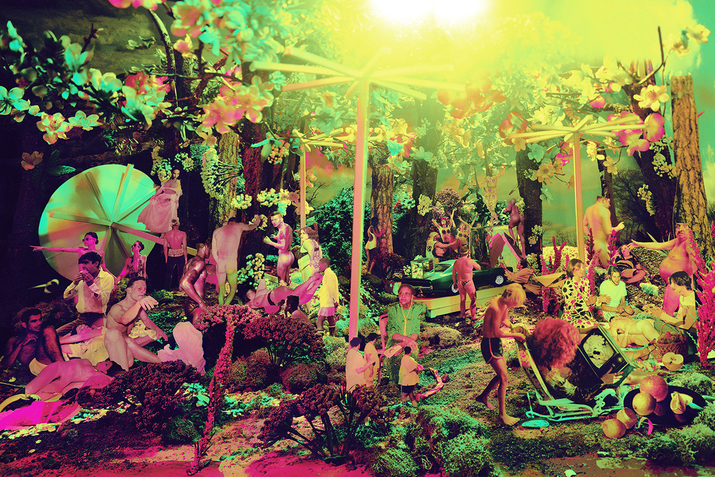 Technicolor cyan, buttercream yellow, and fuscia collage of cut-out figures, many nude, in a surreal, moss and cherry-blossom forest.