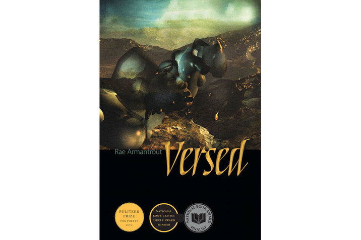 The cover of Rae Armantrout's book, Versed. The cover is split horizontally and the bottom half is entirely black while the top half has a turquoise hued abstract picture of a mannequin split into parts in front of textured mountains. Below the picture, it says: 