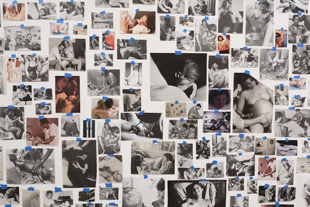 A collage of photos portraying people in various stages of pregnancy and labor. 