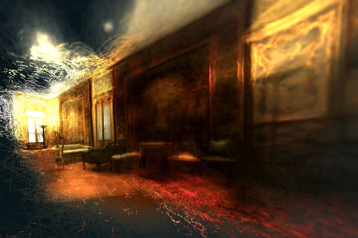 An abstractly cropped image of an ornately decorated room. Numerous, differently oriented thin lines in red, gold, and orange project from the edge of this image. The background is a dark turquoise. 