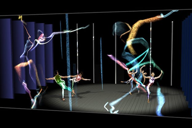 Five performers wearing multicolored metallic full body leotards dance within a large dark stage. Two performers on the left hold hands as they lean outwards and away from one another. Three performers on the right lunge forwards as they lift their arms above their heads. Multicolored lines and squiggles are projected onto the front of the space. 