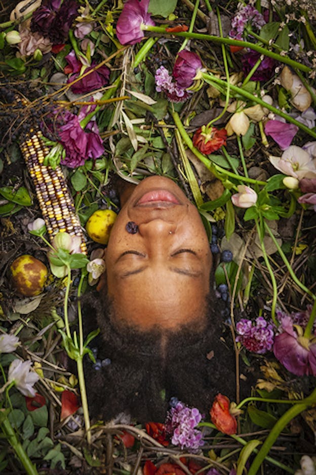 A bird's eye view portrait of a person's face with their eyes closed. The rest of the image and their body is covered by a variety of colorful flowers and greenery. A cob,blueberries and pears are placed next to their face. 