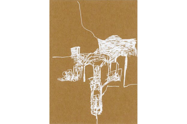 A cork brown background hosts on top white lines in geometrical and abstract shapes forming an idea of buildings, people and a bridge. 