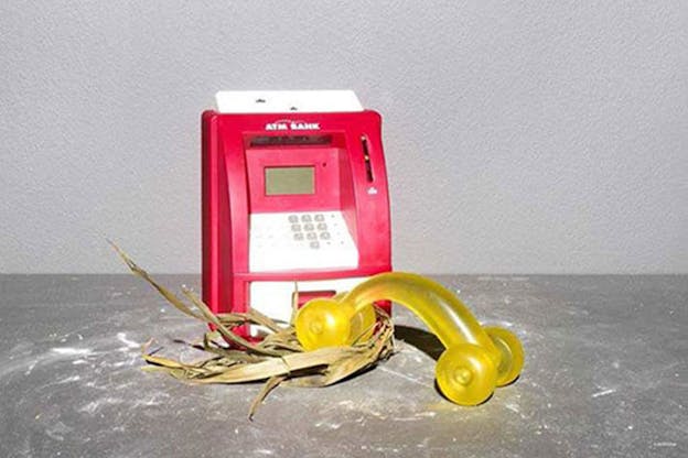 Close-up of a red toy ATM machine, a cluster of dry leaves, and a translucent yellow handweight.