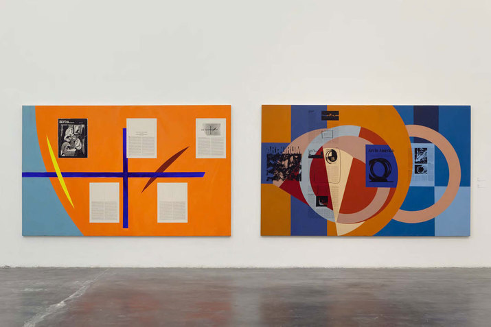Two abstract paintings of intersecting persimmon orange and sky-blue circles, perpendicular lines, and other geometric shapes palimpsested with faint text and art journal articles. 