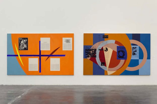 Two abstract paintings of intersecting persimmon orange and sky-blue circles, perpendicular lines, and other geometric shapes palimpsested with faint text and art journal articles. 