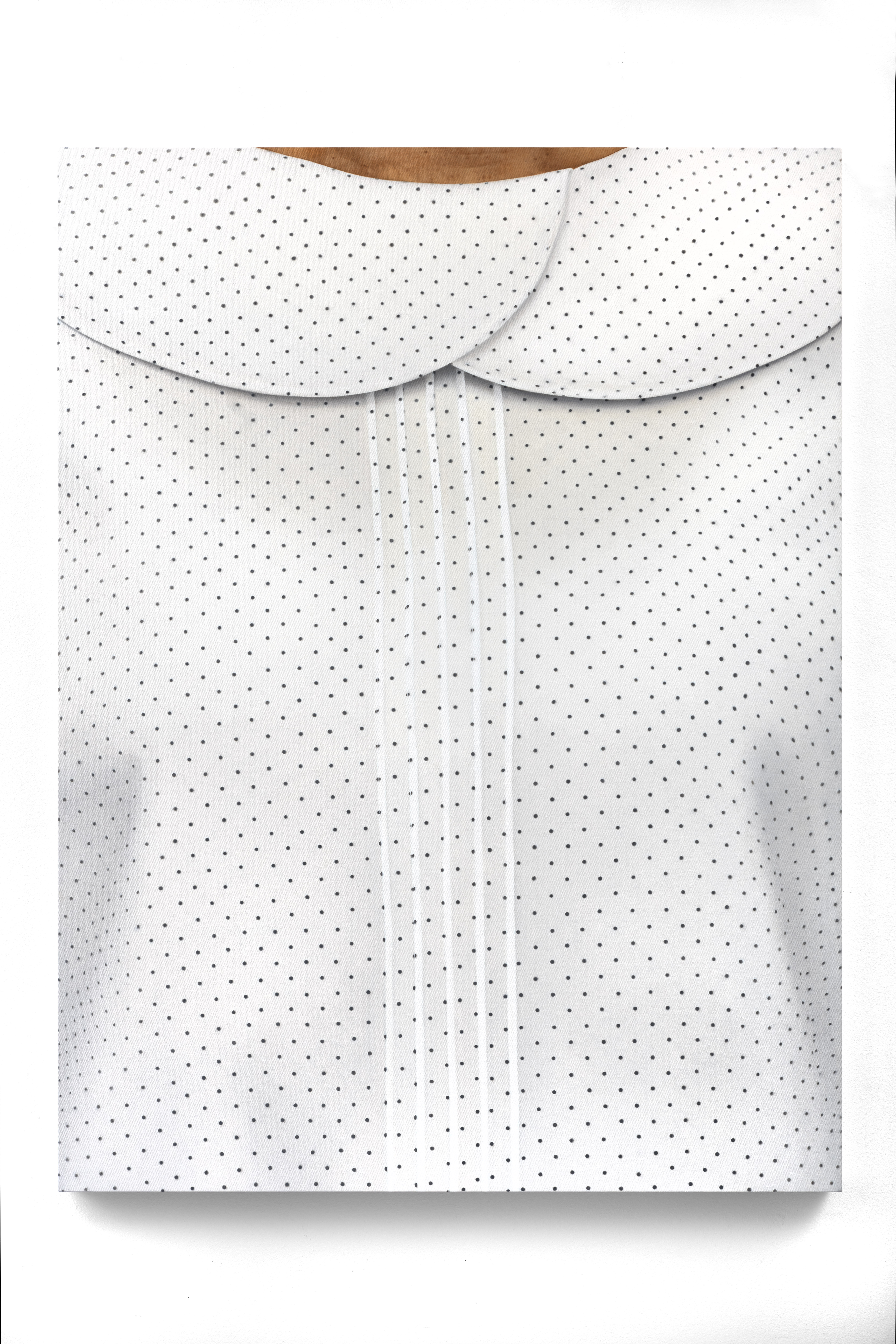 A photorealistic oil painting of a white, scalloped collar blouse with a tiny black dot grid pattern and five thin pleats down the center worn by a person.