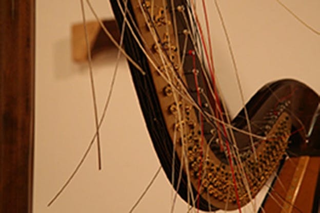 Blurry close-up of a harp's dangling strings.