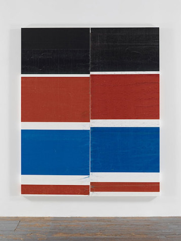 An inkjet print of X-shaped abstract forms composed of black horizontal lines in varied sizes. They are either cut off in the middle or overlap one another.