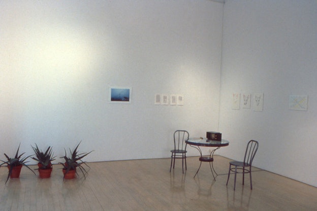 Two white walls with minimal pictures stand behind a small round table with two chairs. Orange plant pots with long green leaves touching the ground stand on the left of the table.