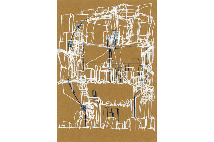 A cork brown background hosts on top white and blue lines in geometrical and abstract shapes forming an idea of buildings